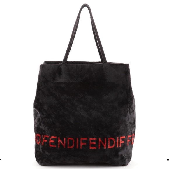 FENDI Logo Corduroy Velvet Black Red Tote Bag